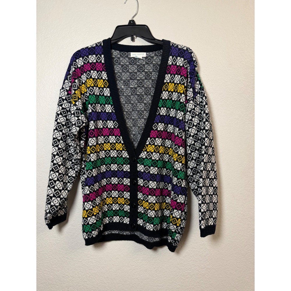 Jamie Scott Vintage Multi-Color Geometric Checkered Cardigan Sweater Medium